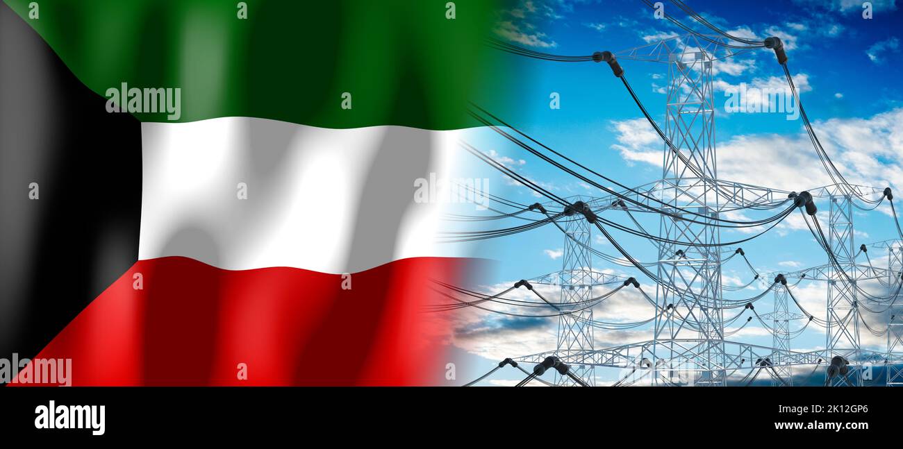 Kuwait country flag and electricity pylons 3D illustration Stock Photo Alamy