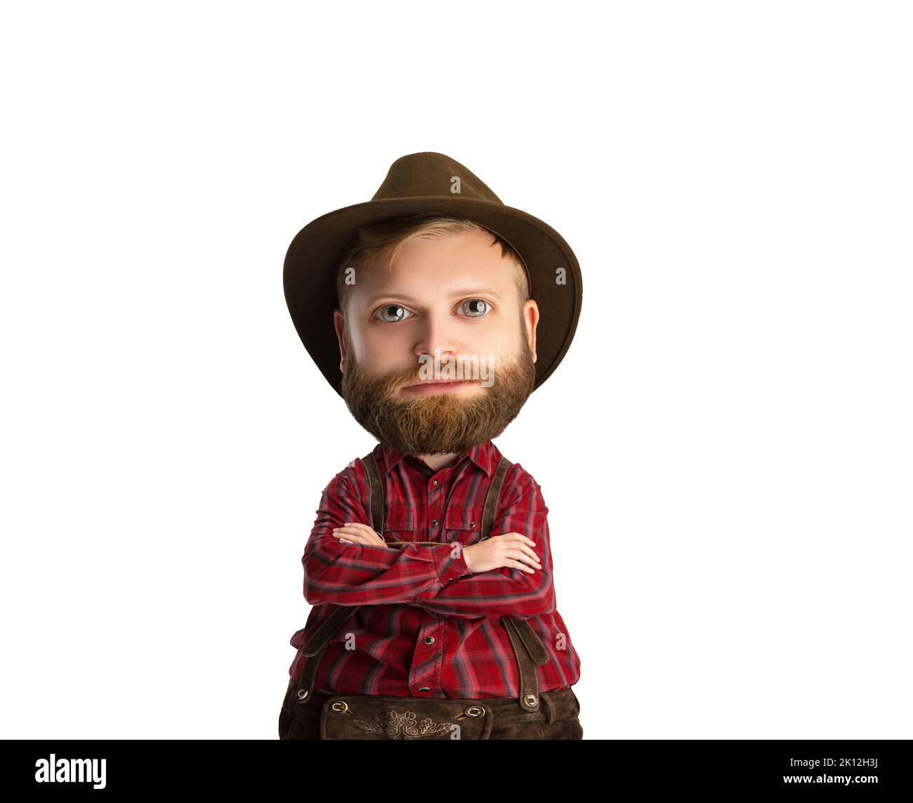 Funny cartoon portrait of young bearded man in hat, wearing traditional Bavarian clothes. Funny meme emotions. Holidays, festival, oktoberfest concept Stock Photo