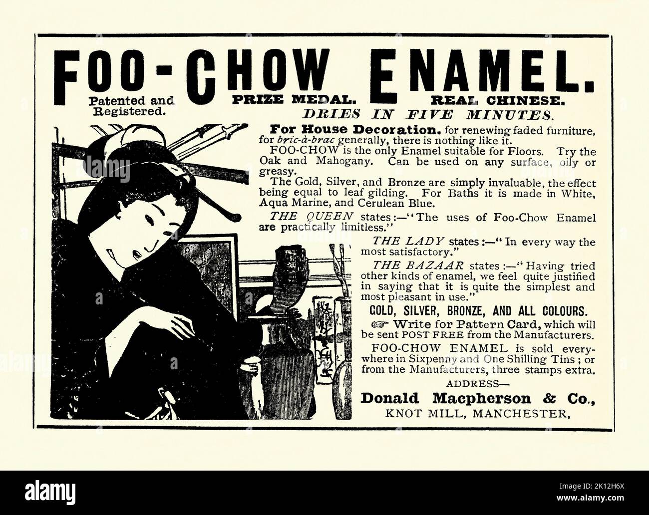 An old Victorian advert for ‘Foo-Chow’ brand enamel paints, made by Donald Macpherson of Manchester, Lancashire, England, UK. It is from a magazine of 1890. The illustration features a woman in Japanese costume painting a vase. The quick-drying, prize-winning ‘real Chinese’ paint was suitable for ‘any surface’ and came in ‘all colours’ including gold, silver and bronze. Painted enamels from China are often known as Canton enamels. The enamel paint was originally used to give the appearance of the more expensive cloisonné work on ceramics and glassware – old 1800s graphics. Stock Photo