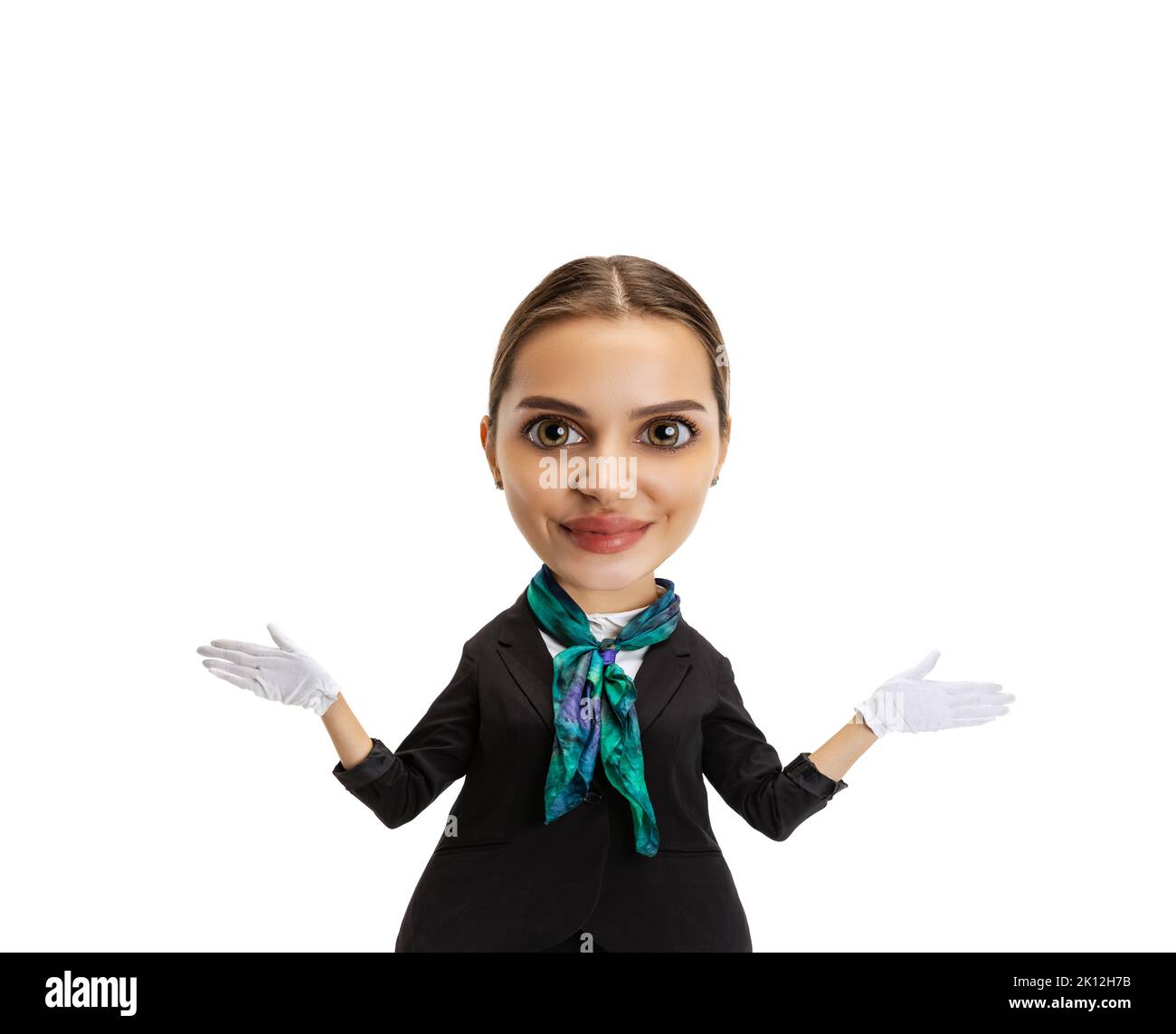 Funny female flight attendant, stewardess in uniform isolated on white