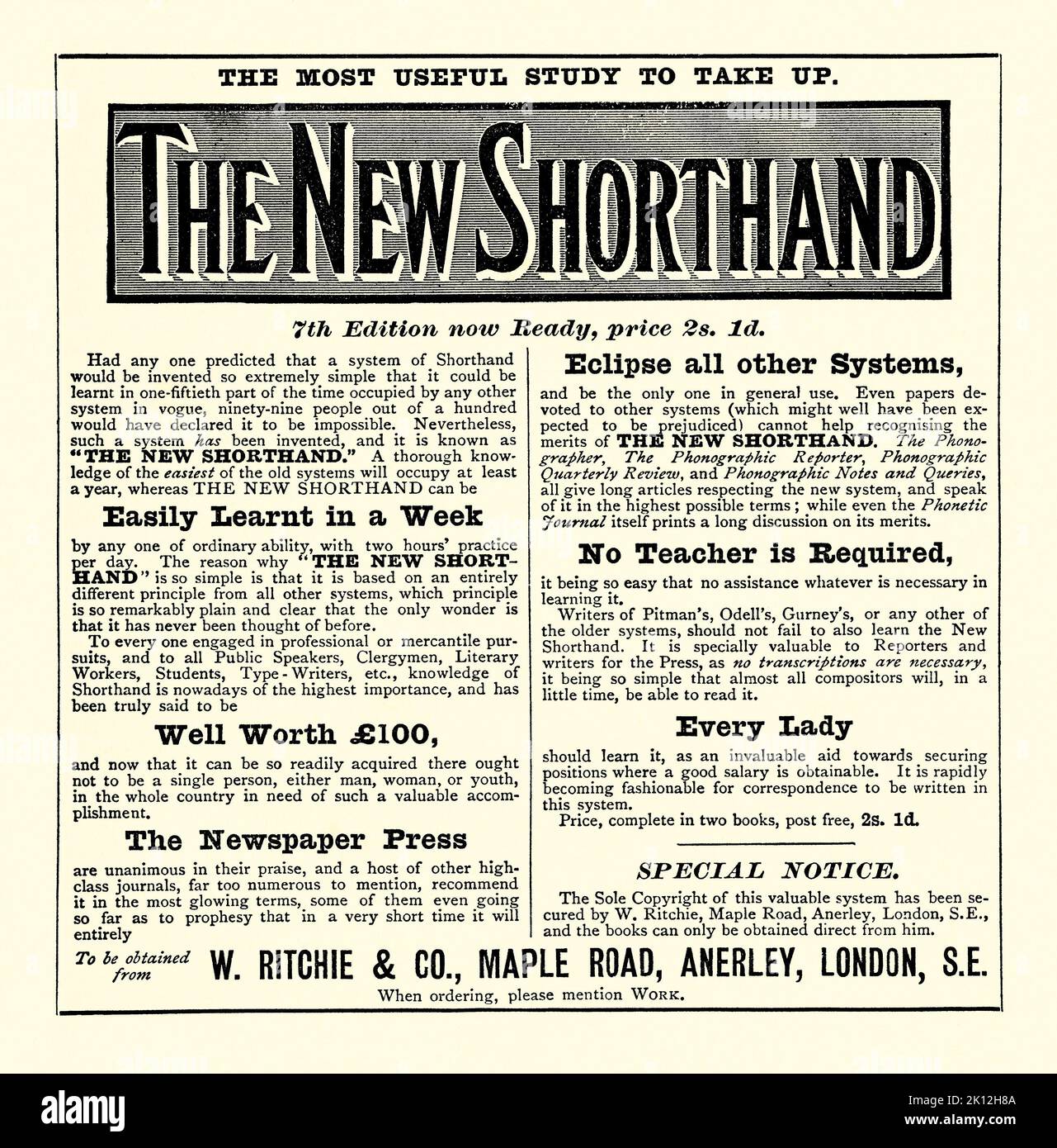An old Victorian advert for ‘The New Shorthand’, a system made by W Ritchie and Co of Anerley, London, England, UK. It is from a magazine of 1890. The new, easily-learnt technique is claimed to be superior to older systems such as those by Pitman, Odell and Gurney. Shorthand is an abbreviated symbolic writing method that increases speed and brevity of writing as compared to longhand. The process of writing in shorthand is also called phonography or stenography. A typical shorthand system provides symbols or abbreviations for words and common phrases – old 1800s graphics. Stock Photo