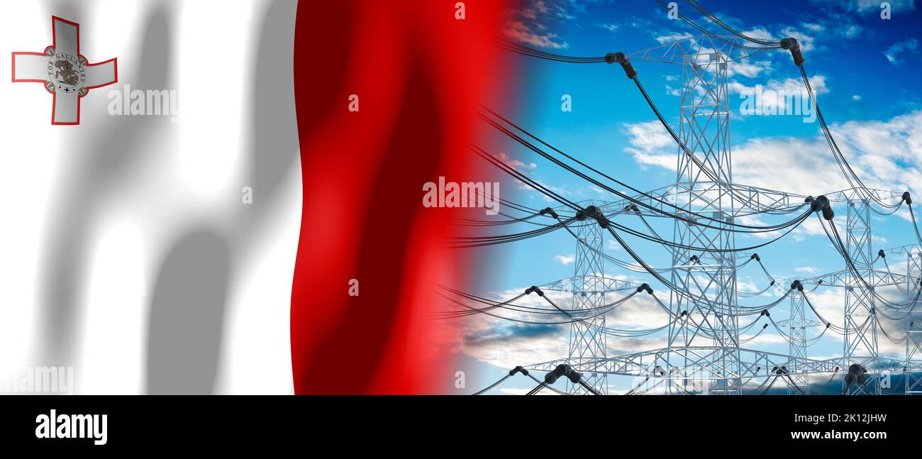 Malta country flag and electricity pylons 3D illustration Stock