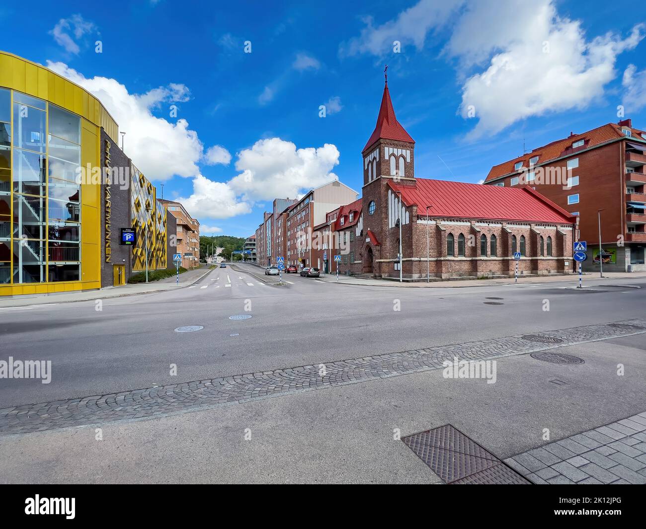 Halmstad, Sweden - August 21, 2022: Skolgatan street in swedish town of Halmstad. Illustrative editorial. Stock Photo