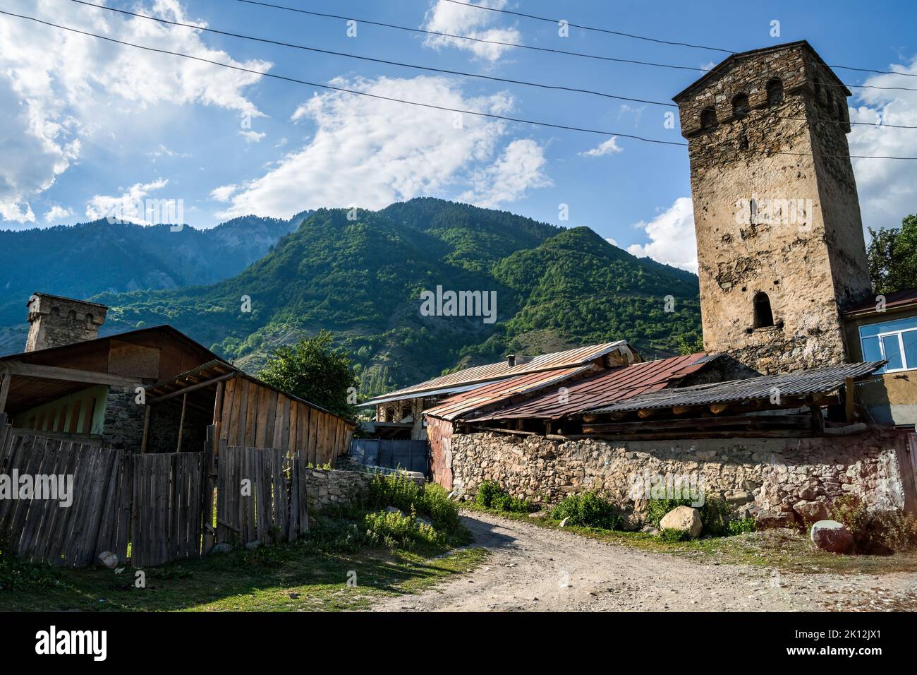 Traditional Svan tower in the village Lenjeri in Upper Svaneti, Georgia Stock Photo