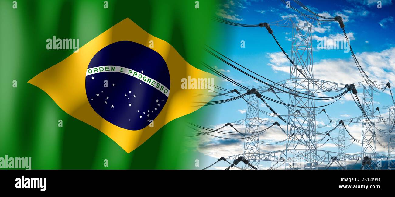 Brazil country flag and electricity pylons 3D illustration Stock
