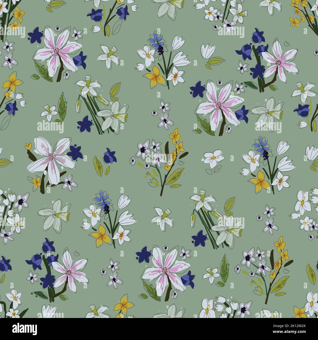 Seamless floral pattern. Vector ahand drawn flowers and leaves ...