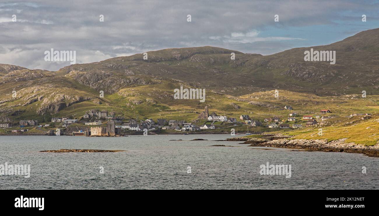 Seaside Panorama of Castlebay, Barra, Isle of Barra, Hebrides, Outer Hebrides, Western Isles, Scotland, United Kingdom, Great Britain Stock Photo