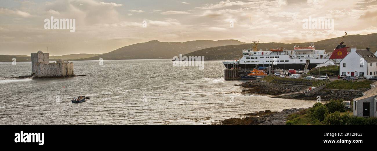 Castlebay Harbour Panorama, Castlebay, Barra, Isle of Barra, Hebrides, Outer Hebrides, Western Isles, Scotland, United Kingdom, Great Britain Stock Photo