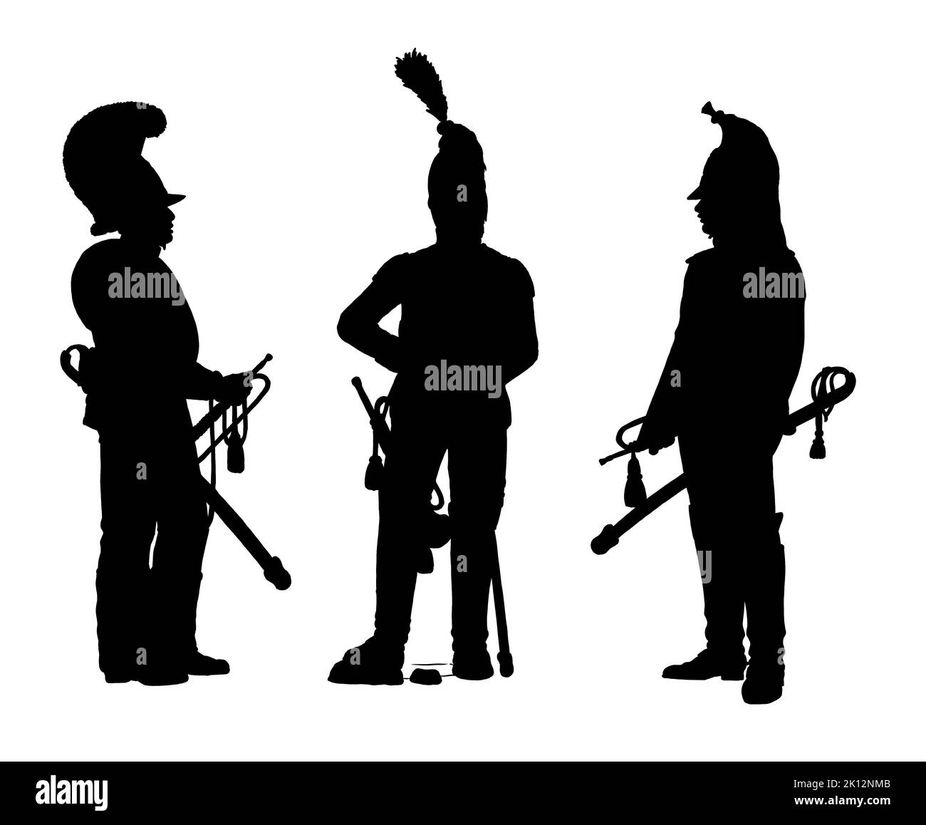 German trumpeters during the Napoleon War. Napoleon Bonaparte and his wars. Historical silhouette drawing. Stock Photo