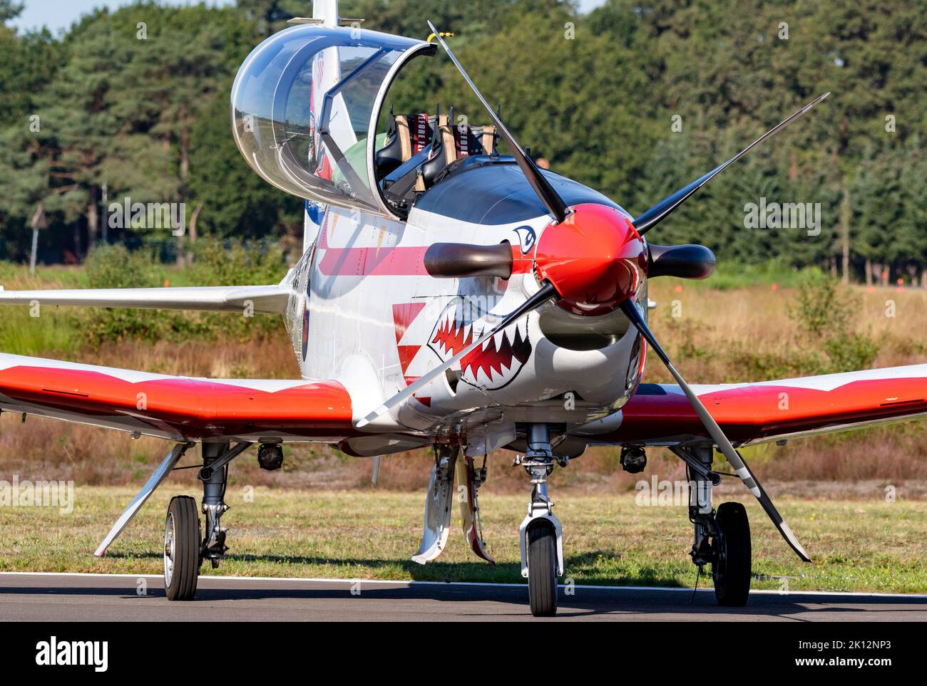 Croatian Air Force Pilatus PC-9 trainer plane taxiing at Kleine-Brogel airbase. Belgium - September 14, 2019 Stock Photo