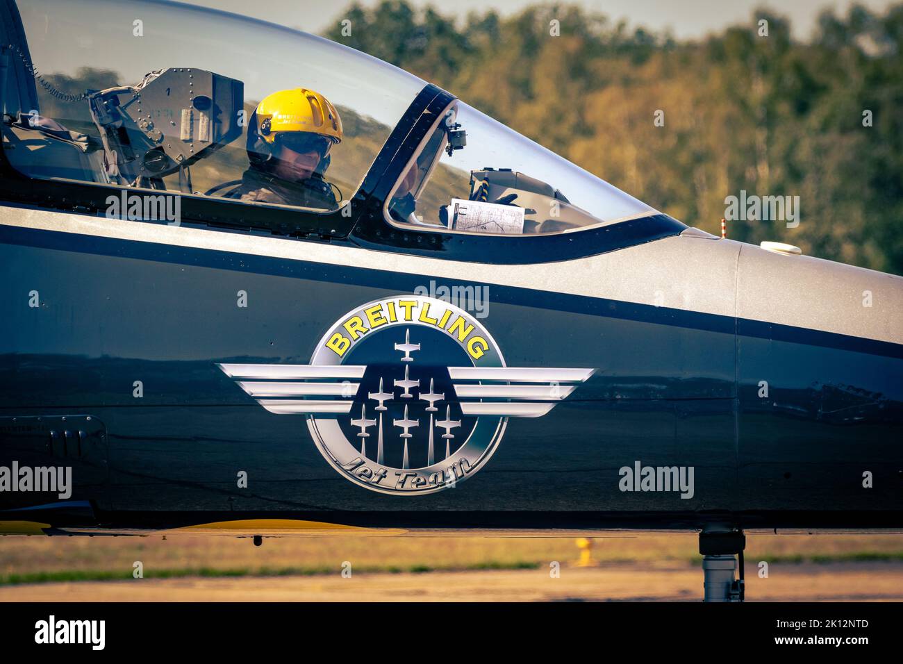 Breitling Jet Team Aero L-39 Albatros plane taxiing after landing on Kleine Brogel Airbase. Belgium - September 14, 2019. Stock Photo