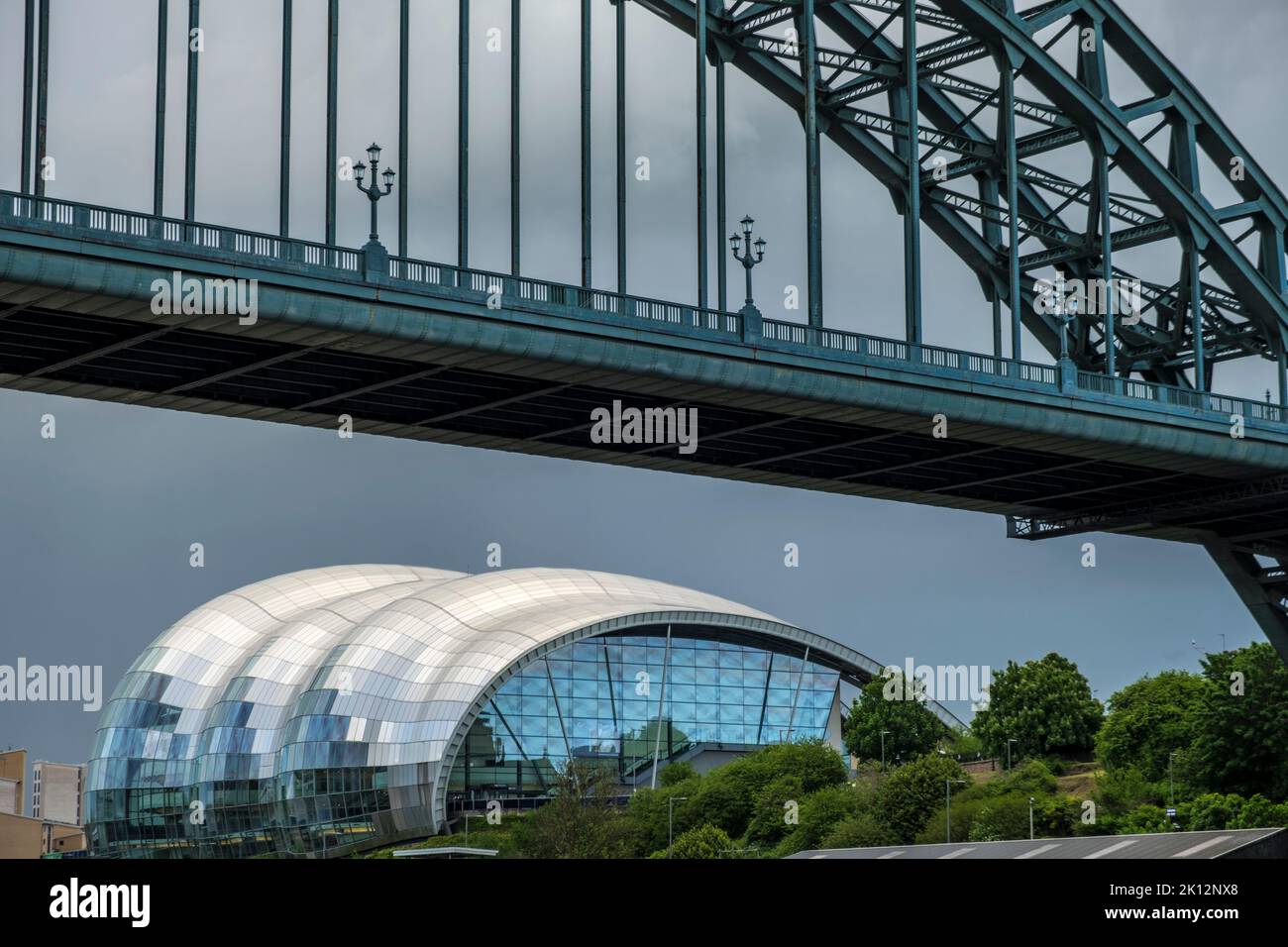 Close shot of Sage Centre and Tyne Bridge in Newcastle on a spring evening Stock Photo