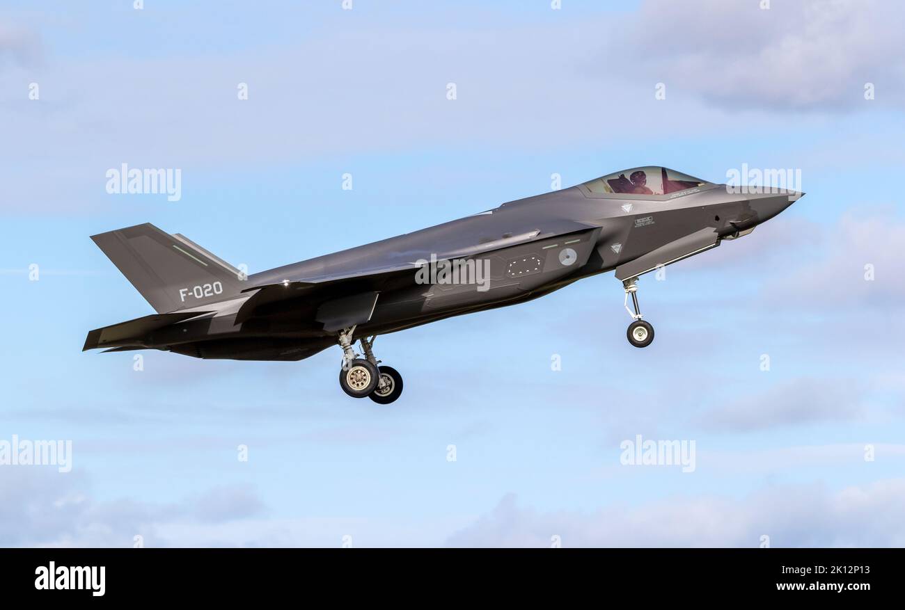 Royal Netherlands Air Force Lockheed Martin F-35 Lightning II combat aircraft arriving at Leeuwarden Air Base. The Netherlands - March 30, 2022 Stock Photo