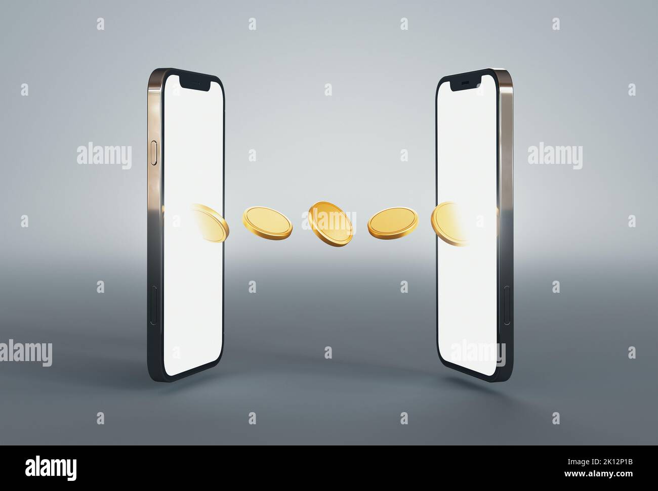 Money transfer on smartphones. Coins moving from one mobile phone to other. Sending and receiving money wirelessly, 3d render. Mobile wallet Stock Photo
