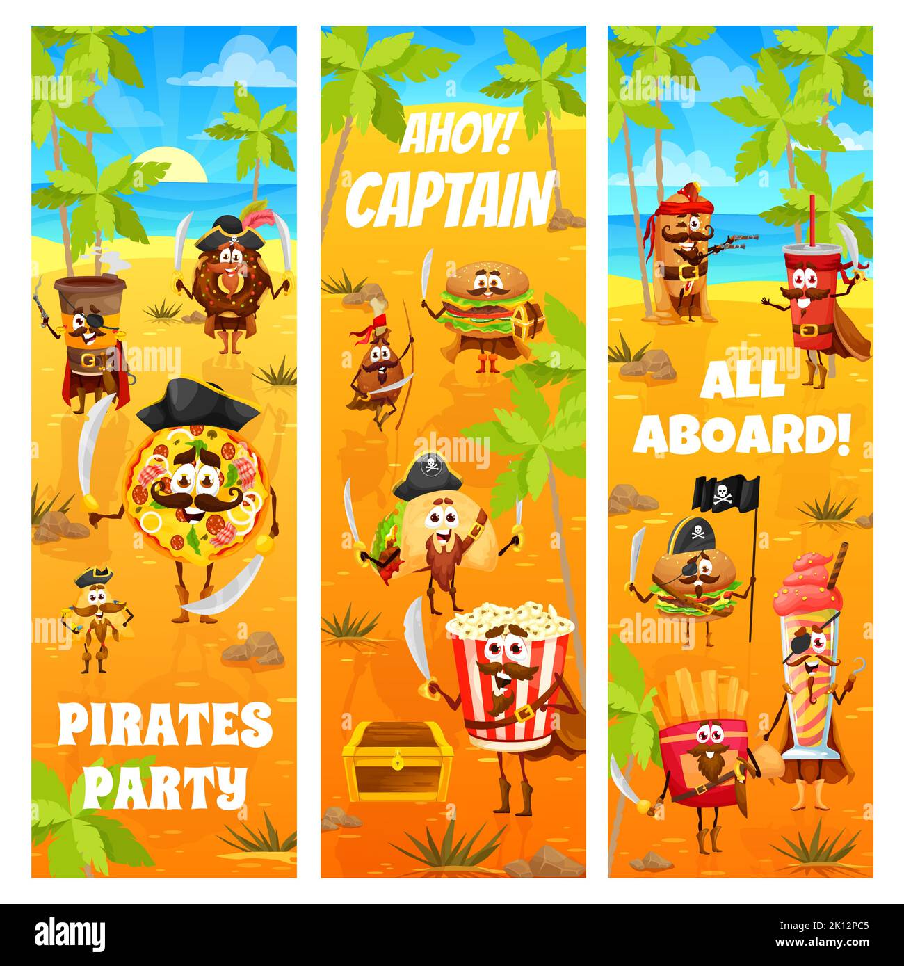Cartoon pirates fastfood characters on treasure island. Vector banners ...
