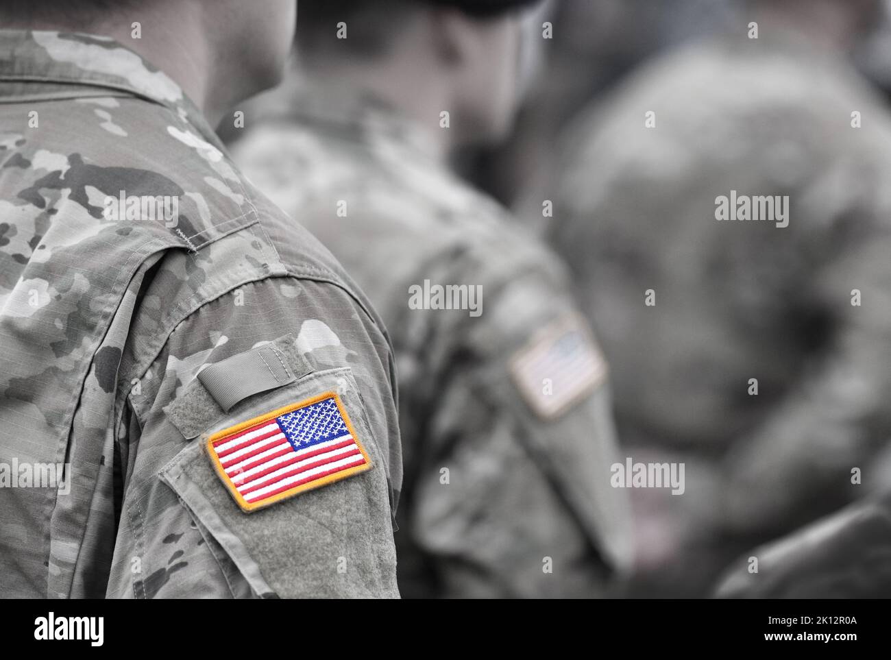 Veterans Day. US soldiers. US army. USA patch flag on the US military uniform. United States Armed Forces. Stock Photo