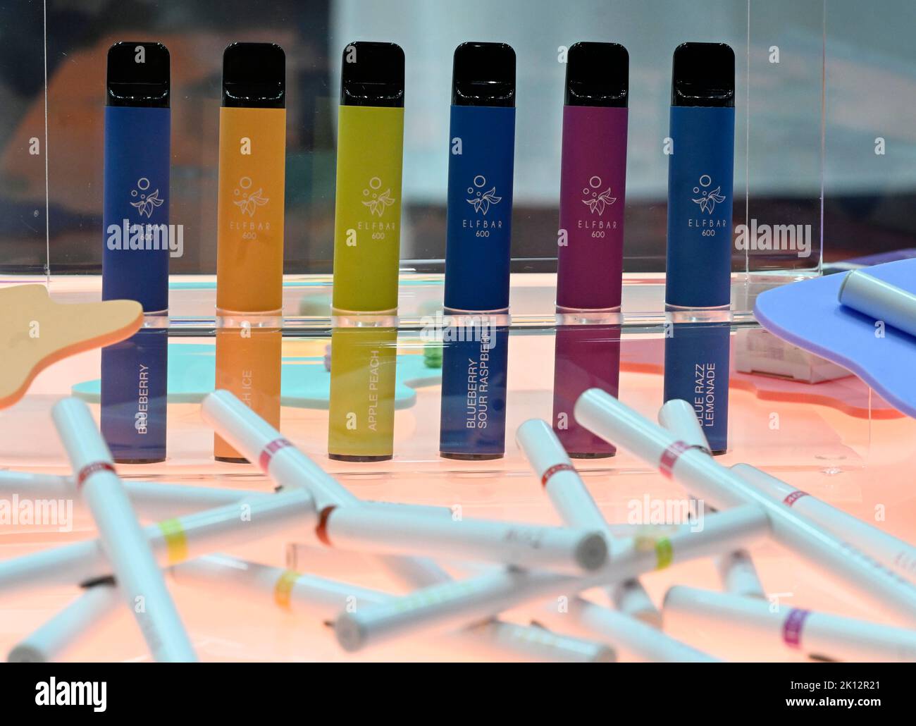 Dortmund, Germany. 15th Sep, 2022. The company Elf Bar presents its  disposable e-cigarette products to visitors at the Intertabac trade fair.  Since the introduction of disposable products, the demand for e-cigarettes  has