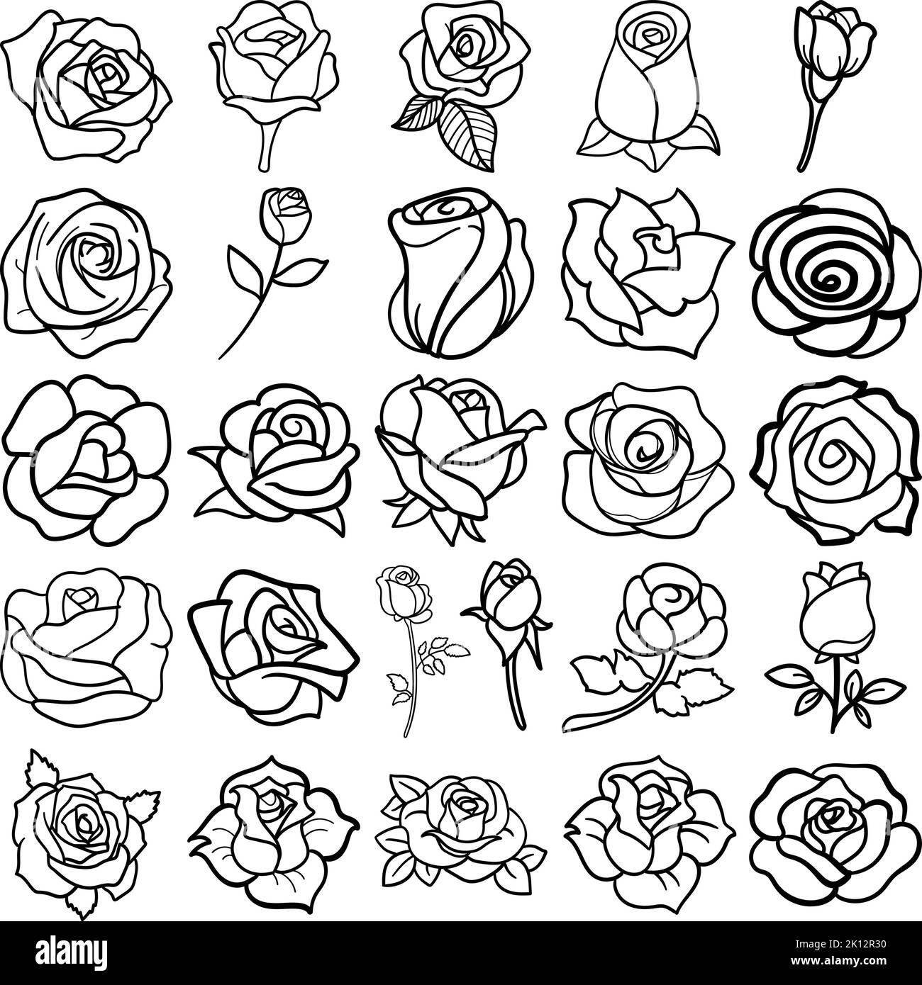 Roses Hand Drawn Doodle Line Art Outline Set Containing Rose, roses