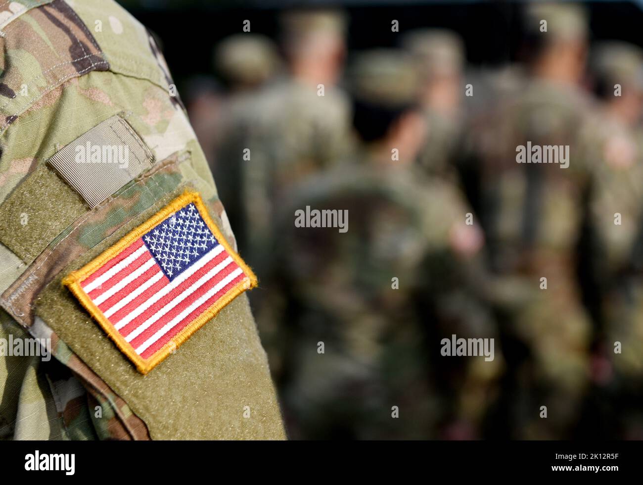 Veterans Day. US soldiers. US army. USA patch flag on the US military uniform. United States Armed Forces. Stock Photo