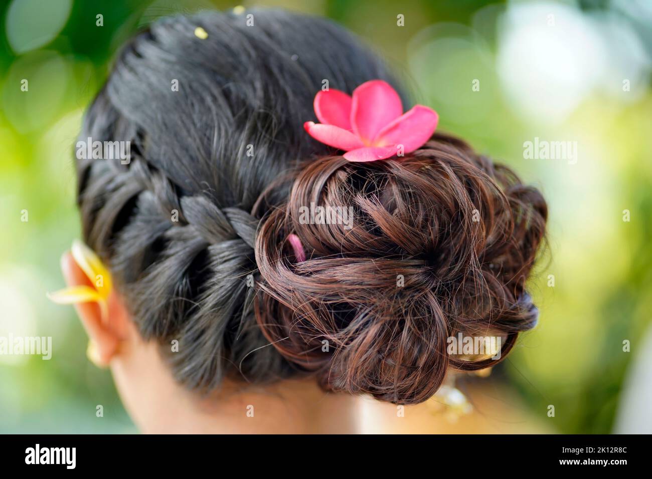 Hair back of Balinese young woman in hair bun and hair braid with Bali