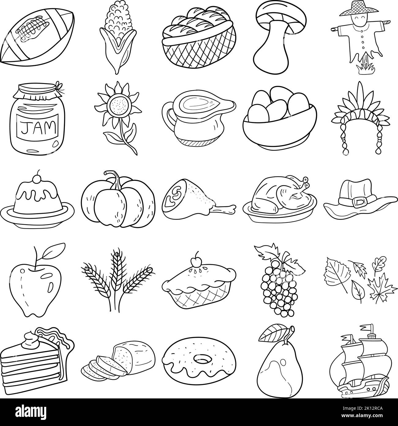 Thanksgiving Hand Drawn Doodle Line Art Outline Set Containing Mayflower, Corn, Pumpkin pie, Pumpkin, Wheat, Gravy, Apple pie, Headpiece, Turkey Stock Vector