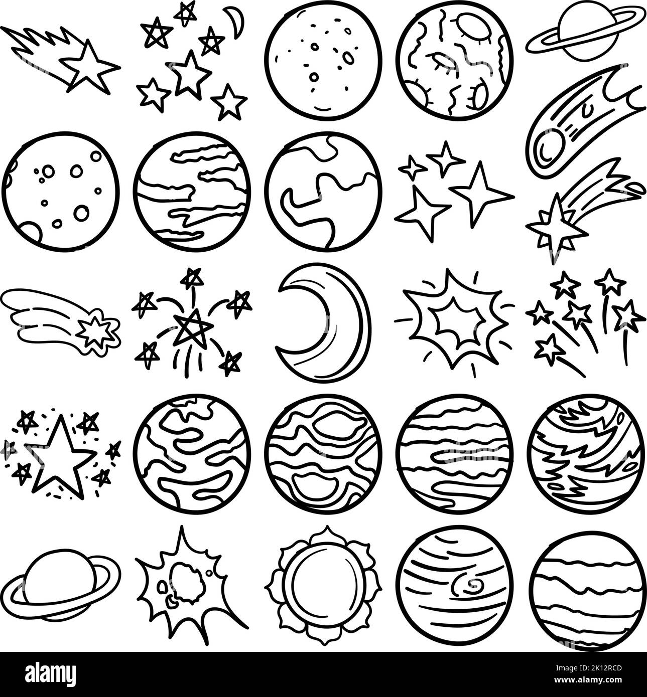 Space Hand Drawn Doodle Line Art Outline Set Containing space, universe, galaxy, cosmos, solar system, creation, nature, world, cosm, star system, sta Stock Vector