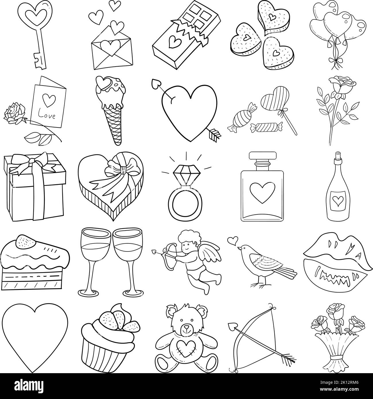 Valentine Hand Drawn Doodle Line Art Outline Set Containing Card, Envelope, Perfume, Kiss, Bird, Rose, Chocolate, Bouquet, Cupid, Lovesick, Key Stock Vector
