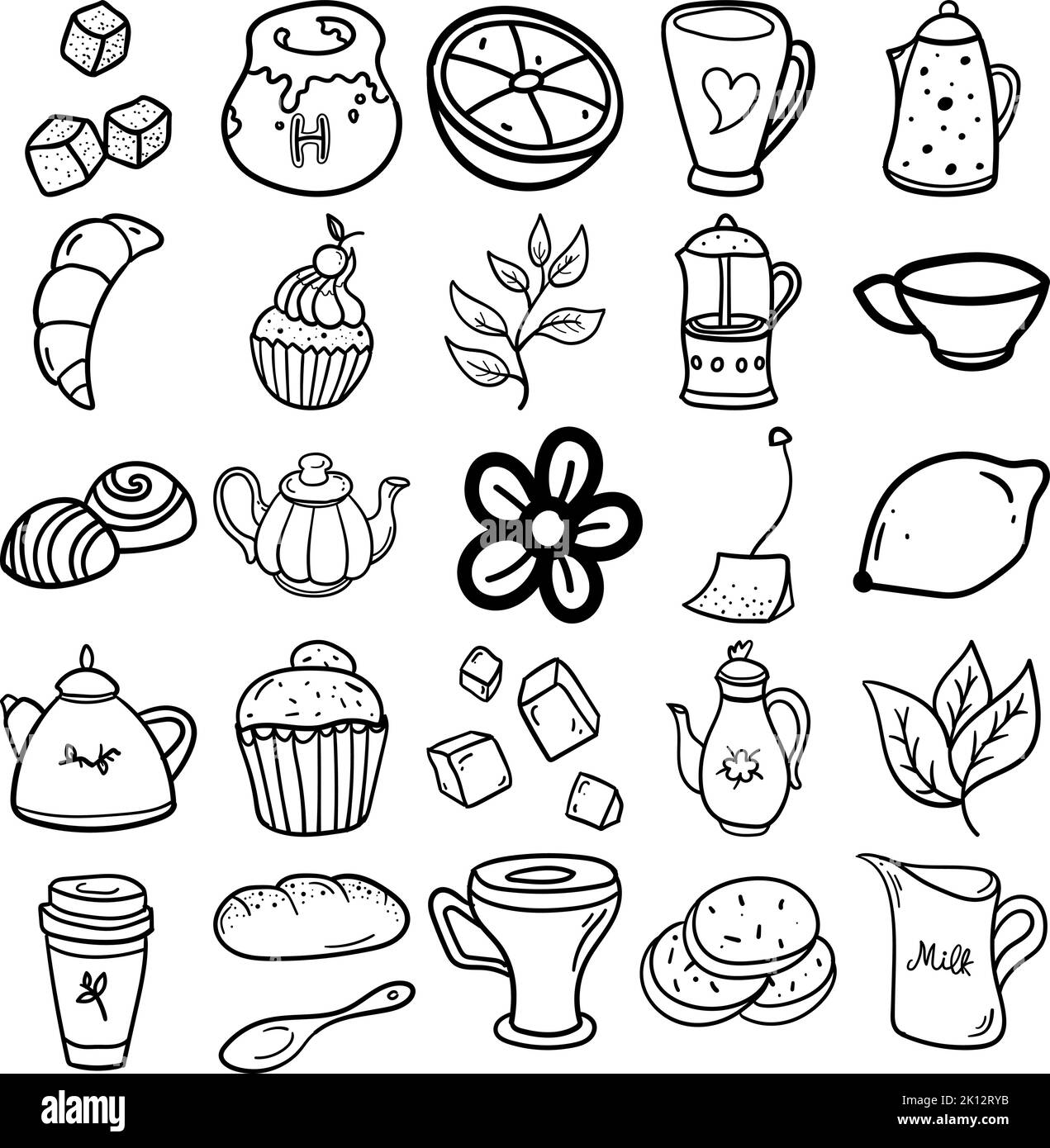 Tea Time Hand Drawn Doodle Line Art Outline Set Containing Tea Time, sugar cubes, honey, kettle, lemon, cup, teapot, mug, orange, croissant, tea leaf Stock Vector