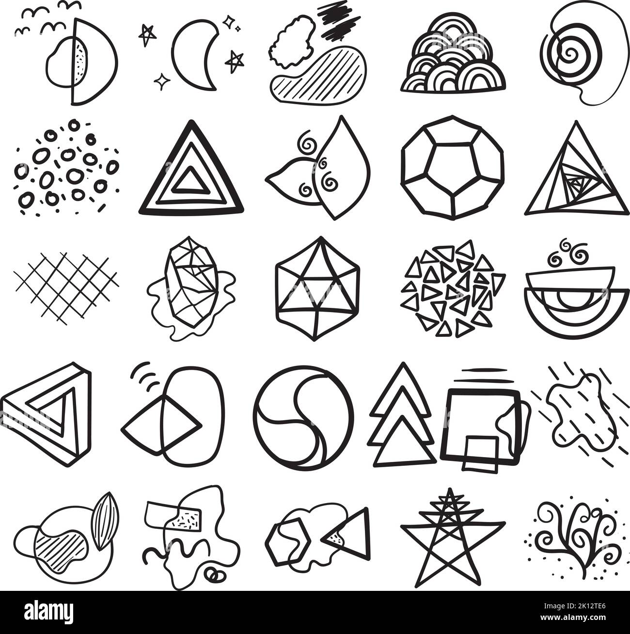 Abstract Hand Drawn Doodle Line Art Outline Set Containing abstract, art, drawing, outline, shape, geometric, graphic, triangle, circle, semi-circle Stock Vector