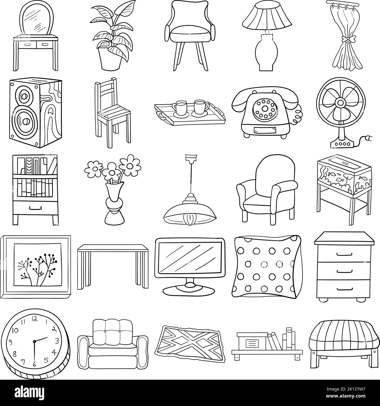 Living Room Hand Drawn Doodle Line Art Outline Set Containing Armchair, Sofa, Bookcase, Carpet