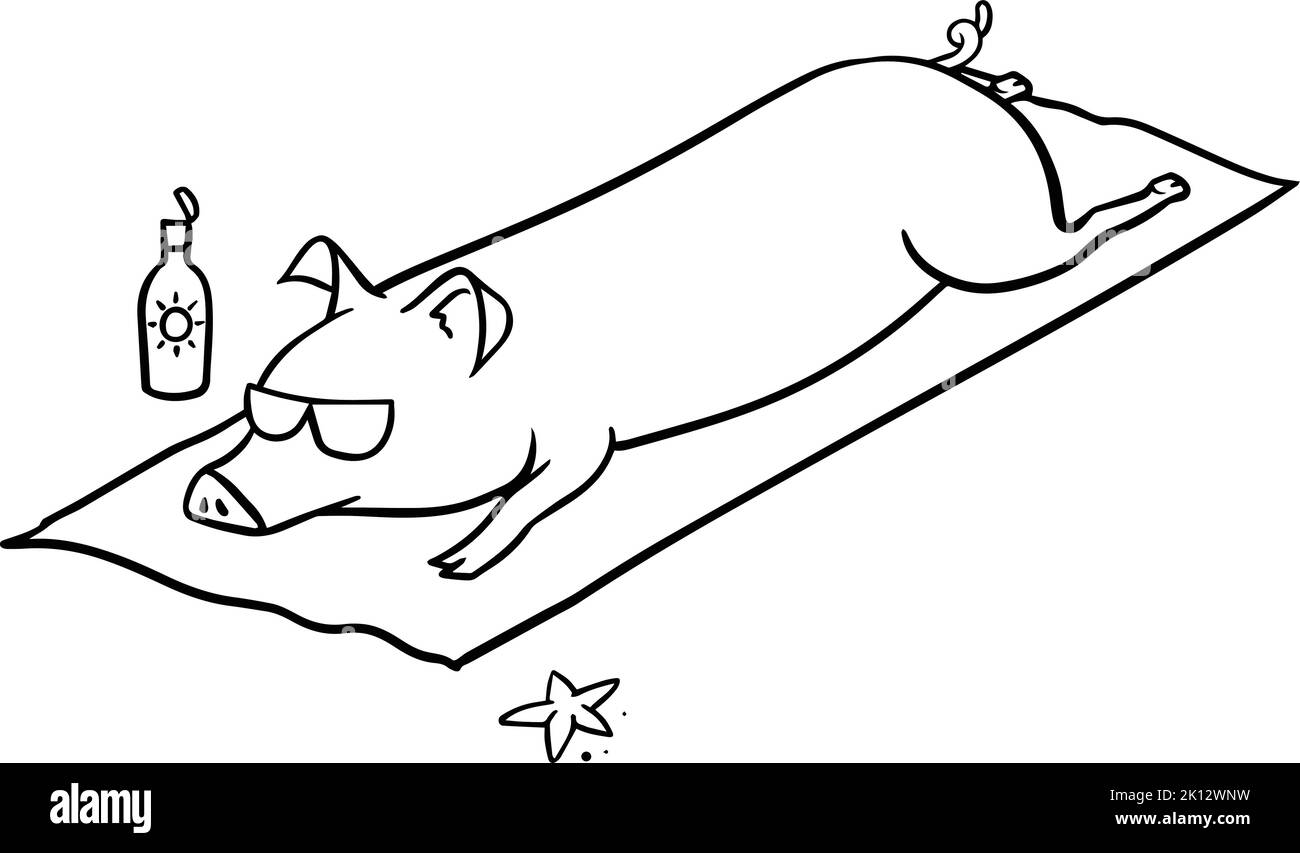 pig laying at the beach hand drawn. Vector illustration Stock Vector