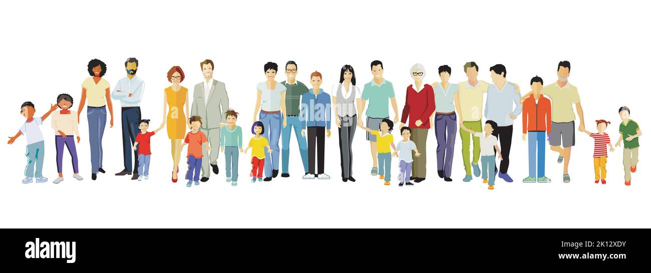 Parents and children, family groups isolated on white, illustration Stock Vector