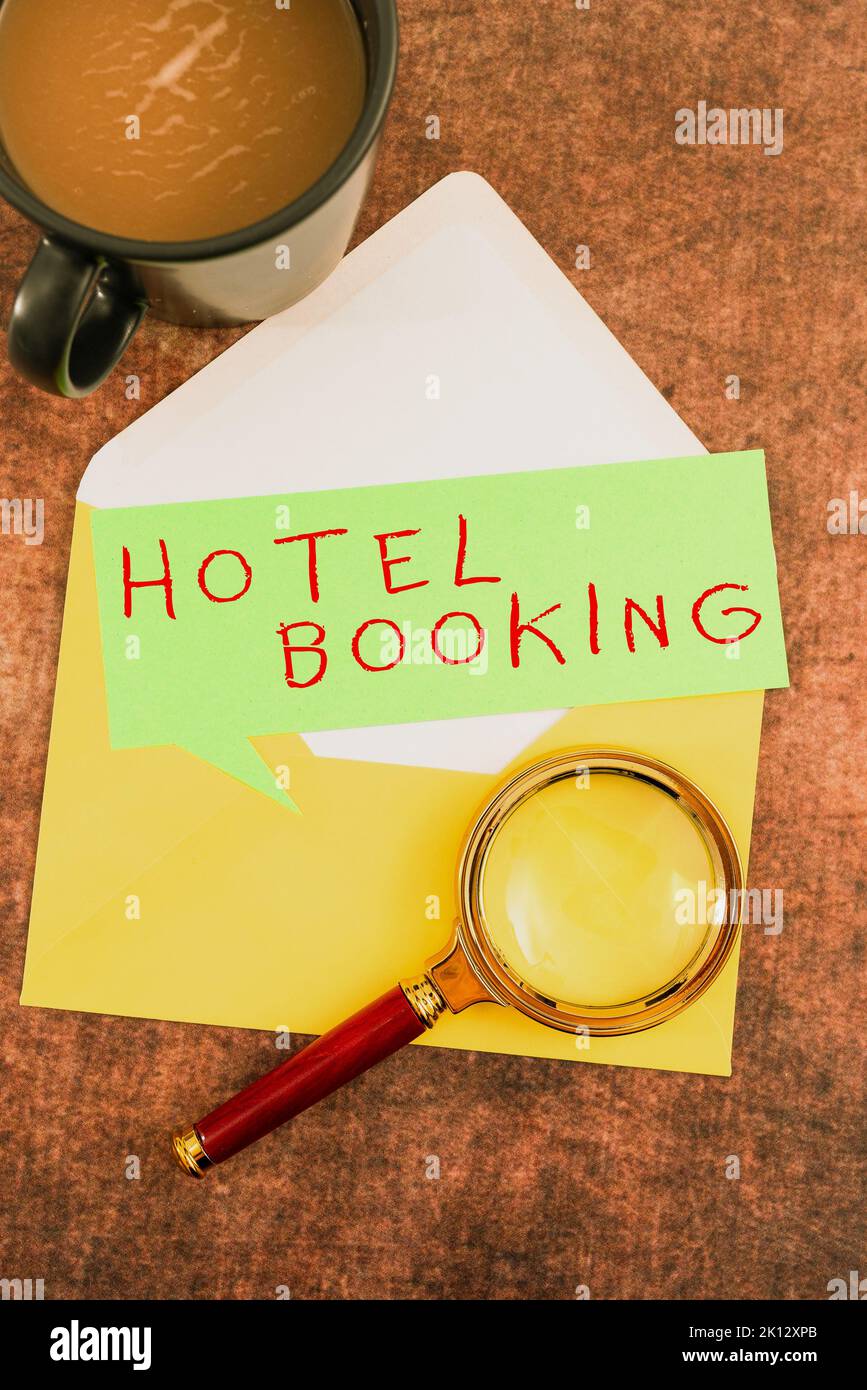 Hand writing sign Hotel Booking. Business idea Online Reservations Presidential Suite De Luxe Hospitality Stock Photo