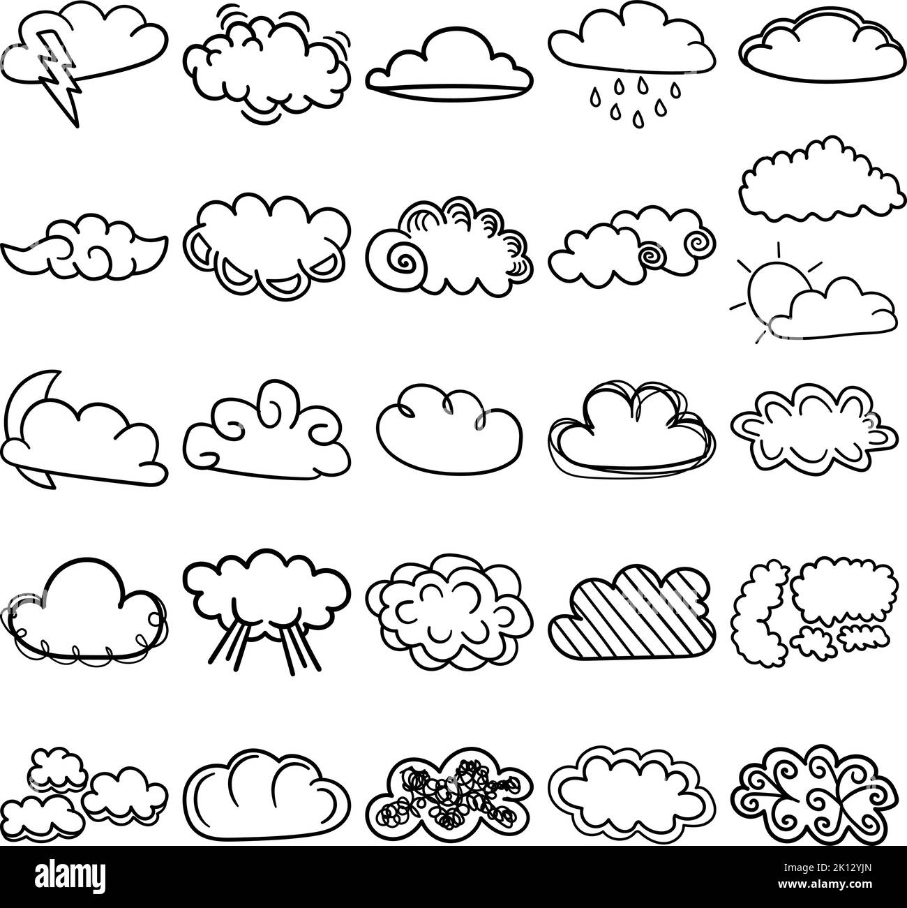 Clouds Hand Drawn Doodle Line Art Outline Set Containing cloud, clouds, fog, mist, puff, smog, smoke, steam, vapor, veil, billow, dimness, film, foggi Stock Vector