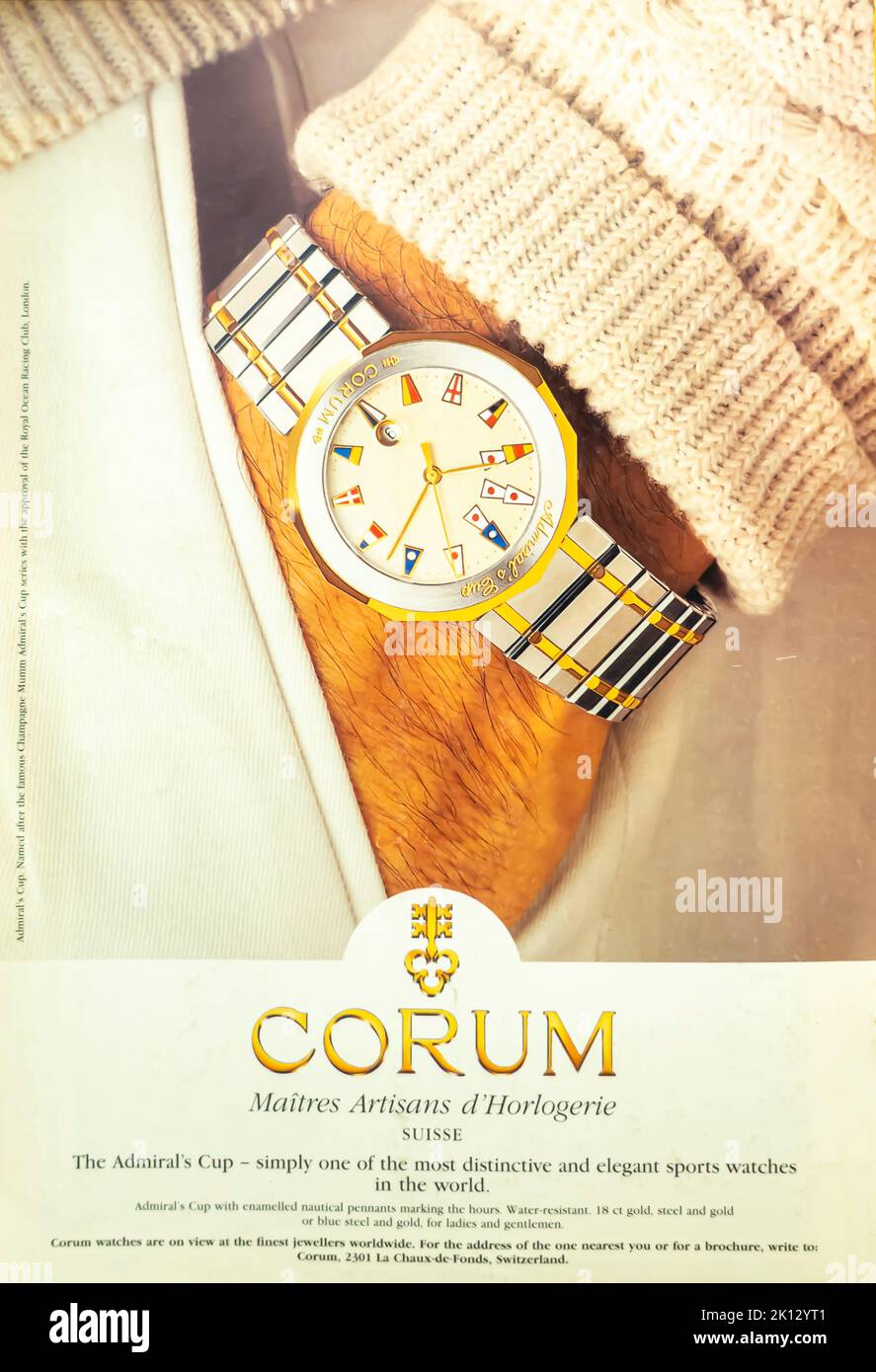 Corum Admiral's Cup watch advertisement placed inside a NatGeo magazine, 1994 Stock Photo