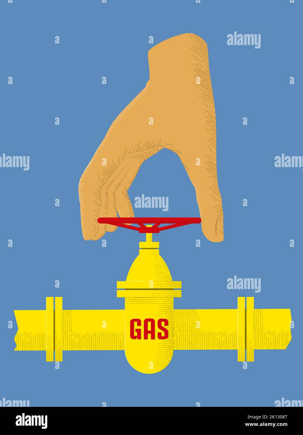 Gate valve of a gas pipe and hand that closes it, symbolic vector illustration Stock Vector