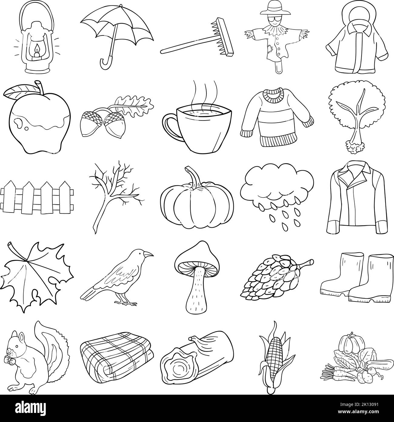 Autumn Hand Drawn Doodle Line Art Outline Set Containing Lantern, Umbrella, Rake, Harvest, Crow, Pumpkin, Branch, Log, Corn, Squirrel, Jacket, Apple Stock Vector