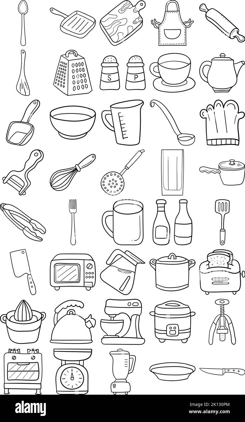 Kitchen Hand Drawn Doodle Line Art Outline Set Containing Toaster, Kettle, Stand Mixer, Rice cooker, Gas range and oven, Blender, Microwave oven Stock Vector