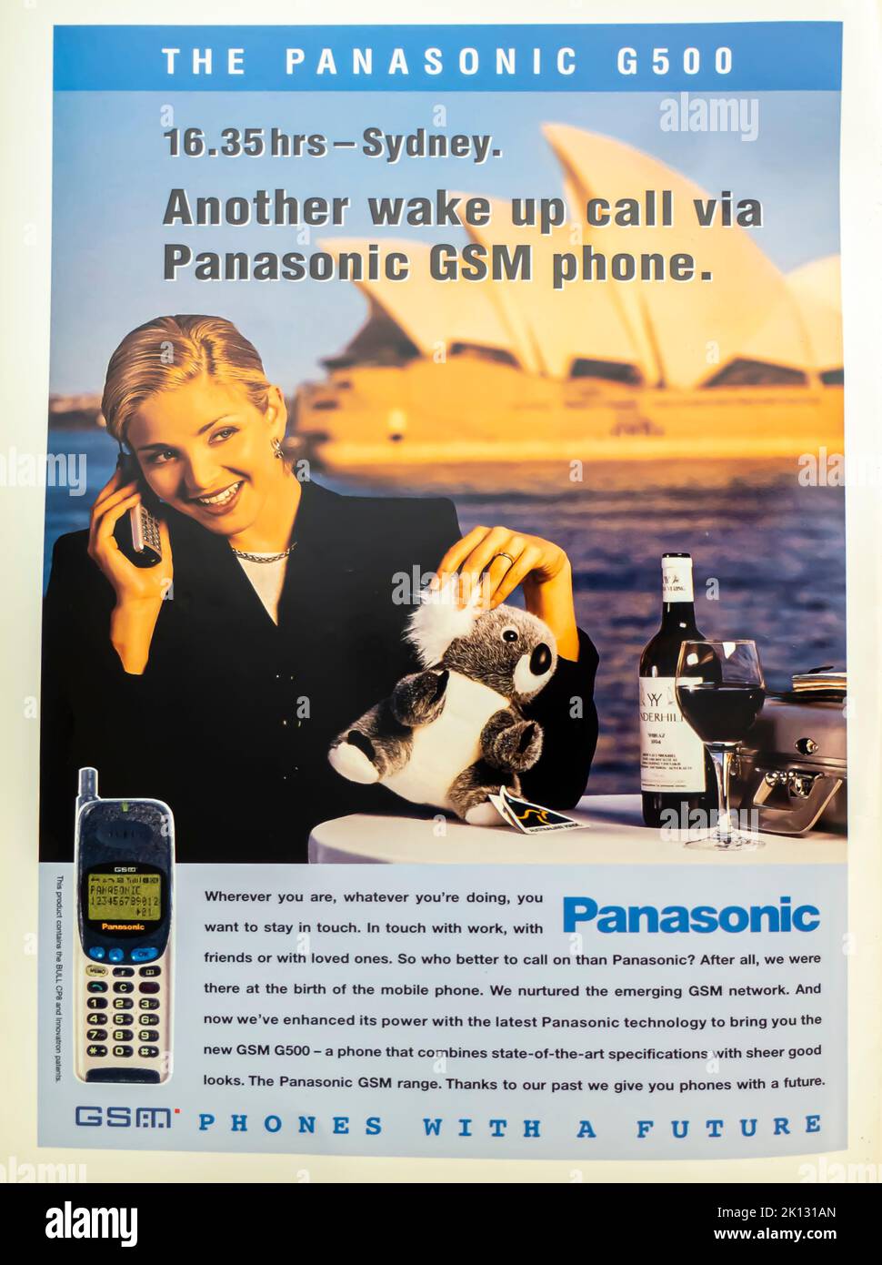 Panasonic G 500 GSM mobile phone vintage advert placed inside NatGeo magazine, January 1997 Stock Photo