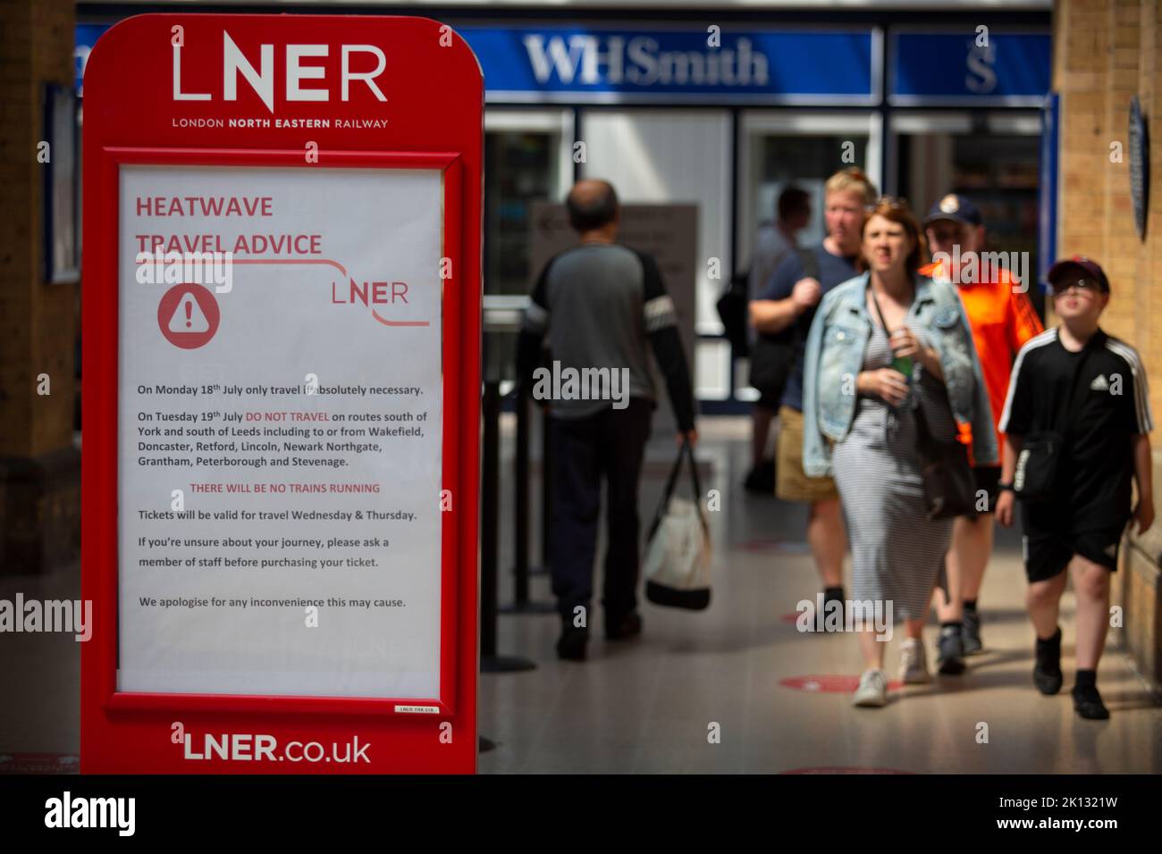 LNER Heatwave travel advice boards  at York train station as people in the city of York, North Yorkshire endure the hottest day on record as the tempe Stock Photo