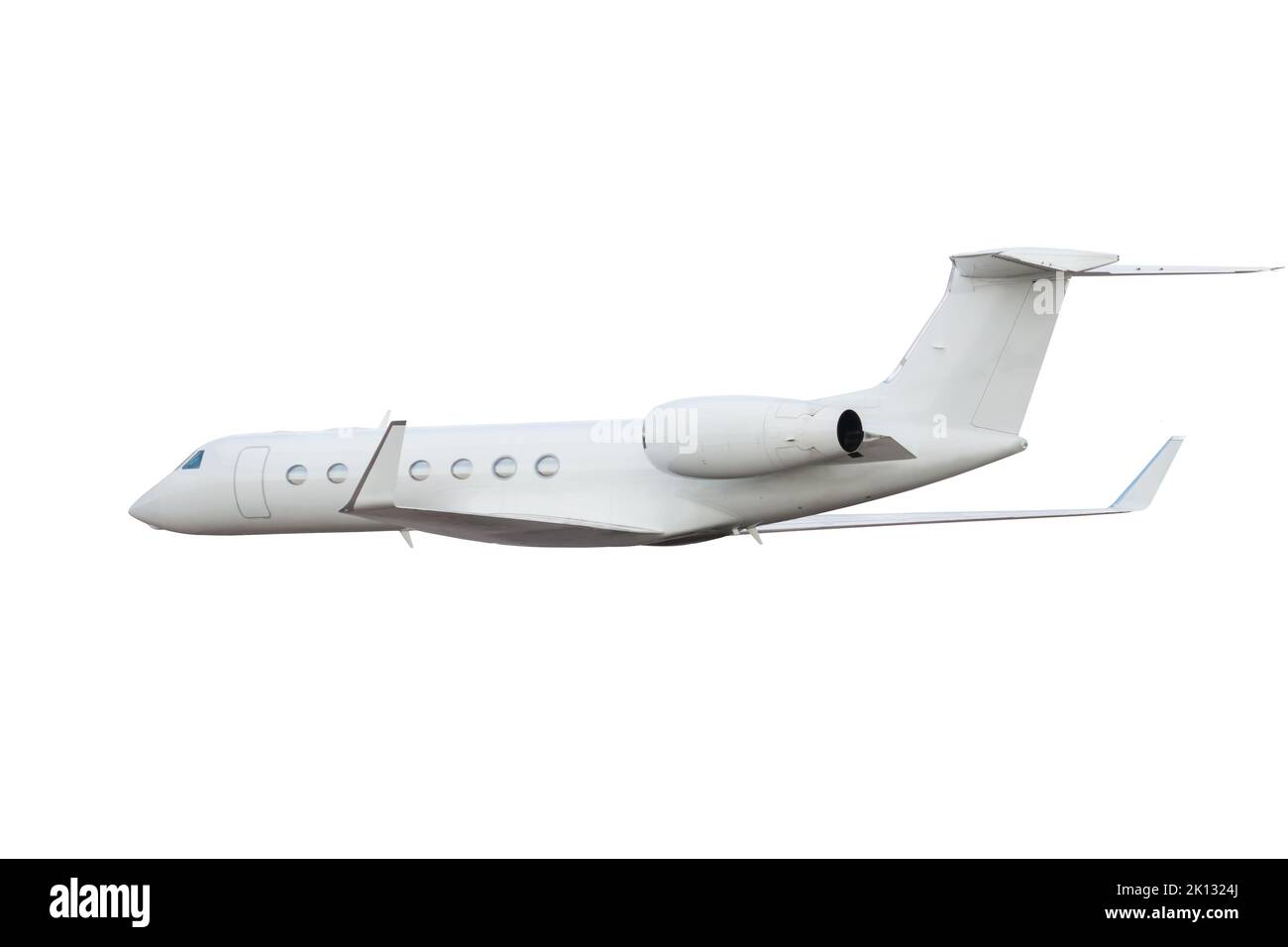 Modern luxury private jet flies isolated on white background Stock