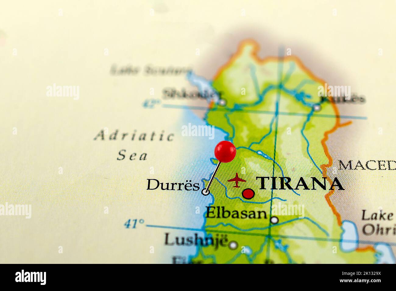 Durrës map. Close up of Durres map with red pin. Map with red pin point