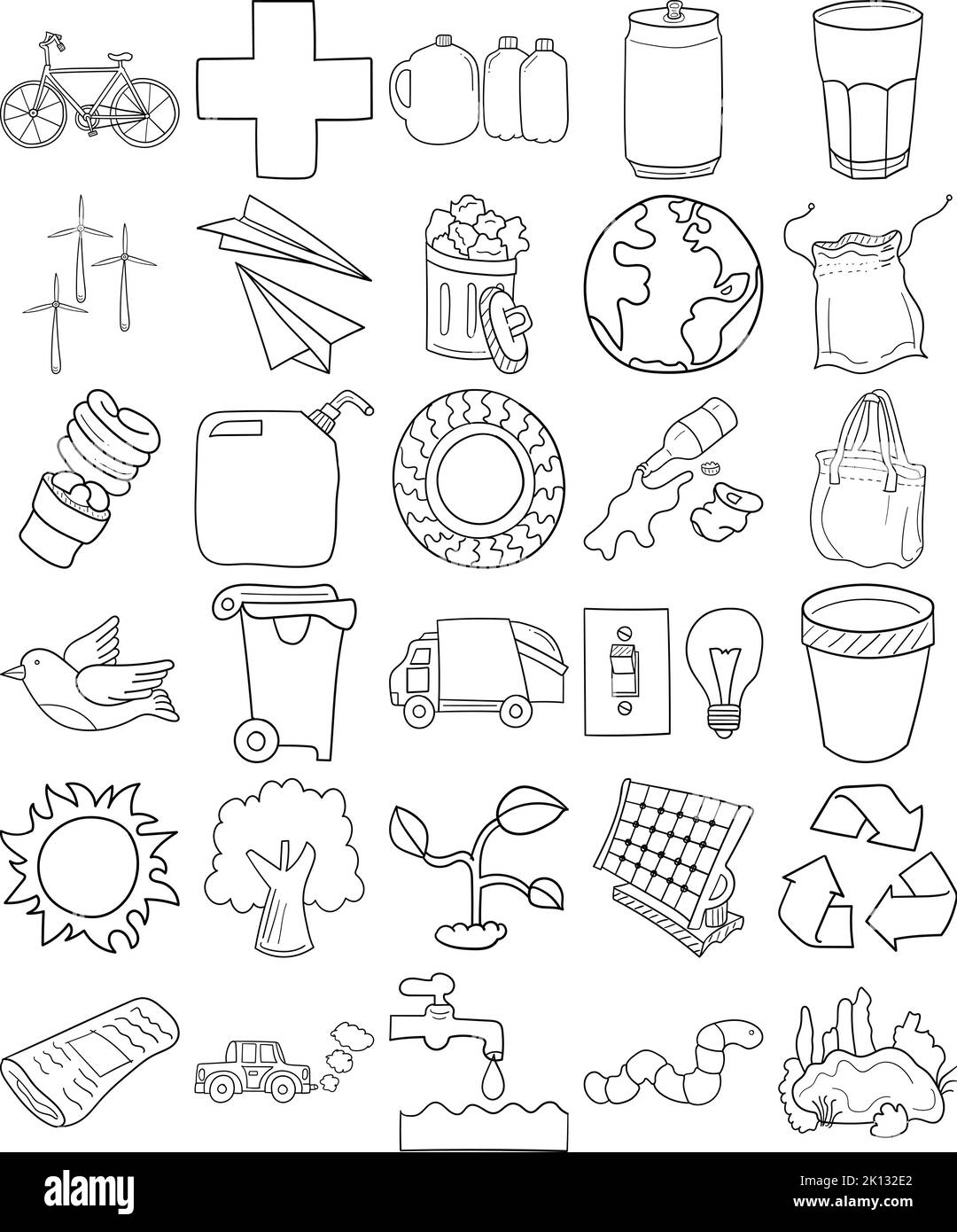 Earth Day Hand Drawn Doodle Line Art Outline Set Containing Earth, Water, Recycle, Plant, Recycle bin, Trash can, Newspaper, Plastic bottles, Glass Stock Vector