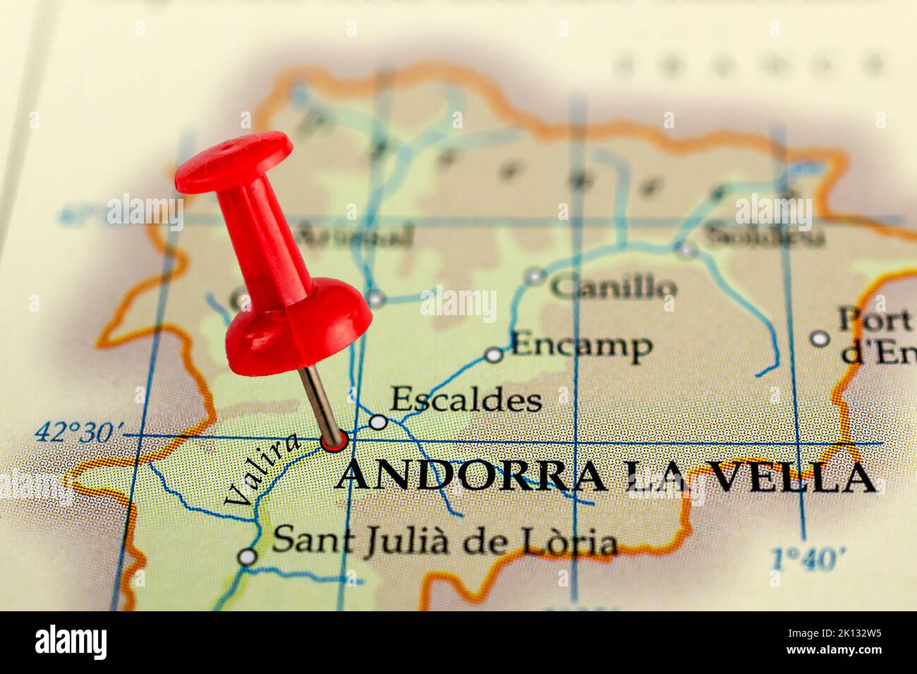 Andorra la vella map. Close up of Andorra la vella map with red pin. Map with red pin point of Andorra la vella in Andorra. Stock Photo
