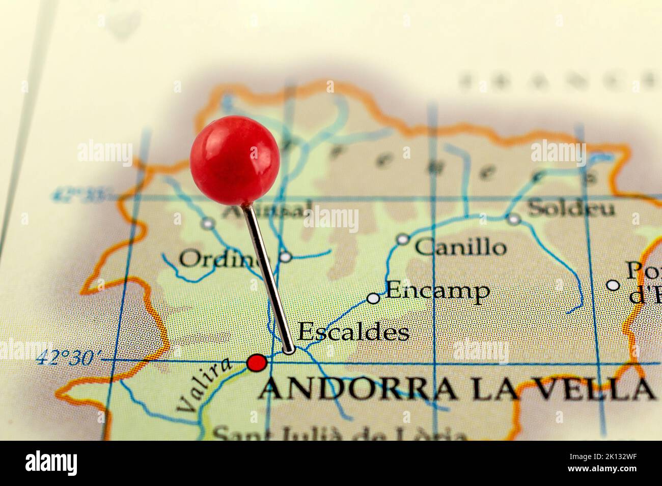 Escaldes map. Close up of Les Escaldes map with red pin. Map with red pin point of Escaldes in Andorra. Stock Photo