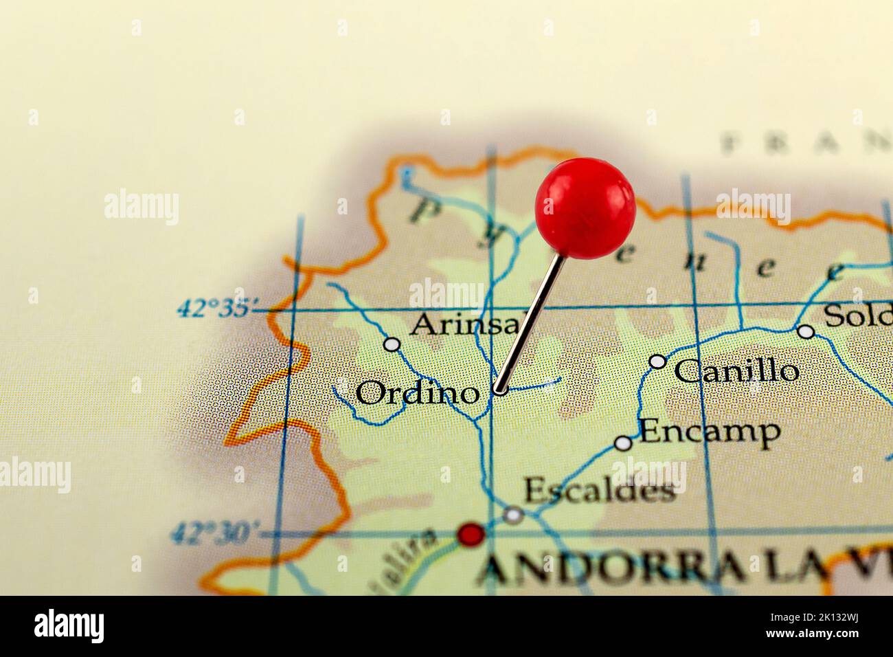 Ordino map. Close up of Ordino map with red pin. Map with red pin point of Ordino in Andorra. Stock Photo