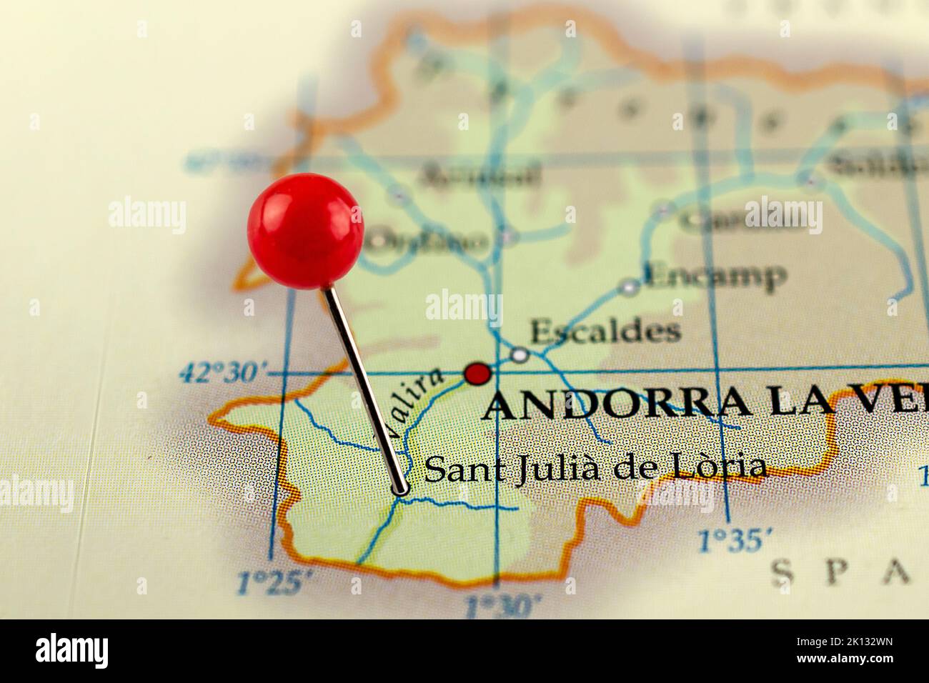Sant Julia de Loria map. Close up of Sant Julia de Loria map with red pin. Map with red pin point of Sant Julia de Loria in Andorra. Stock Photo