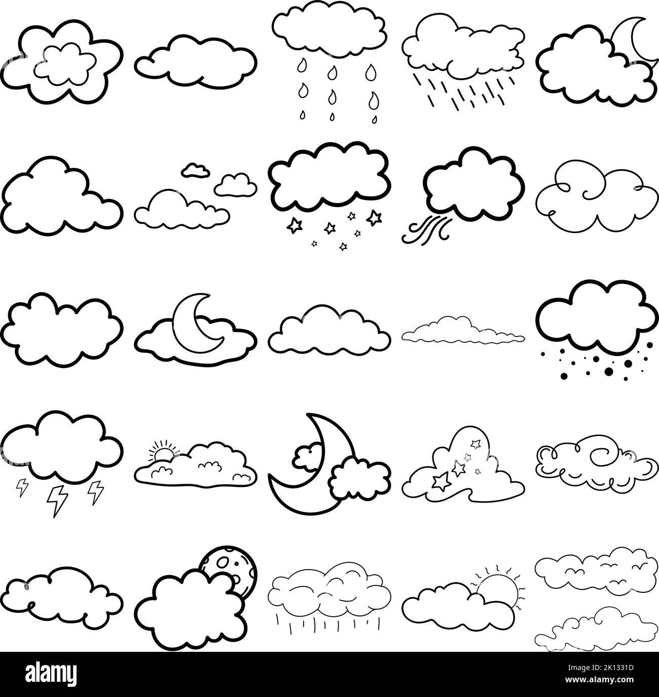 Cloudy Hand Drawn Doodle Line Art Outline Set Containing cloud, clouds, fog, mist, puff, smog, smoke, steam, vapor, veil, billow, dimness, film, foggi Stock Vector