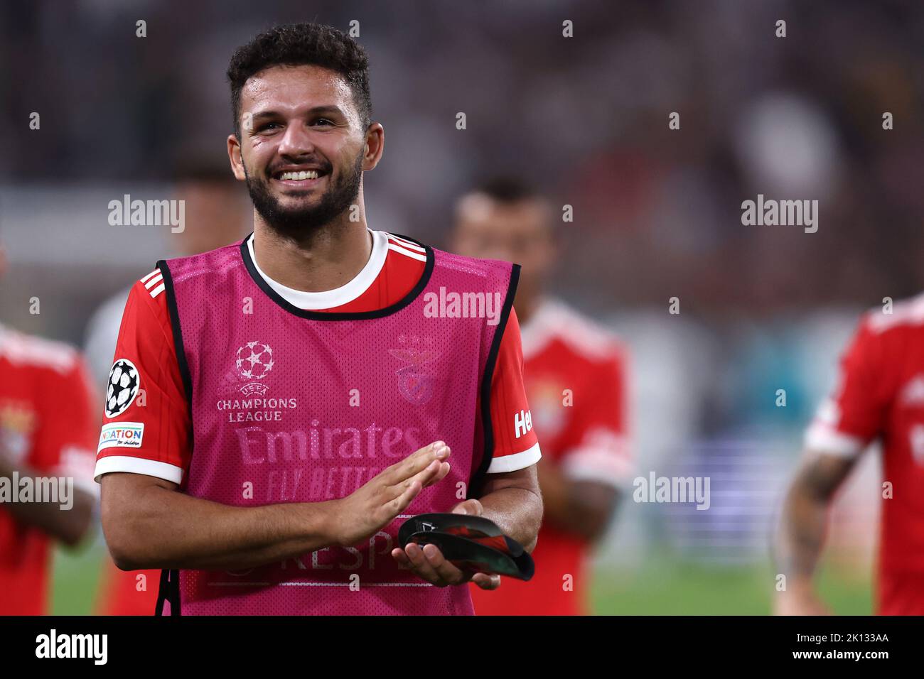 Goncalo Ramos of SL Benfica celebrates after winning  the Uefa Champions League Group H match beetween Juventus Fc and SL Benfica at Allianz Stadium on September 14, 2022 in Turin, Italy . Stock Photo