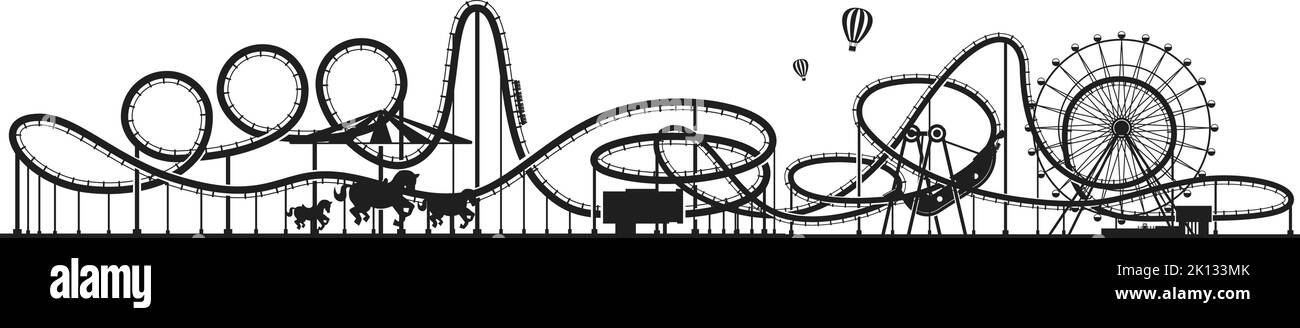 Horizontal amusement park silhouette. Roller coaster background Stock Vector